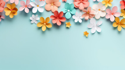 Fototapeta na wymiar paper flowers on turquoise blue background with copy space