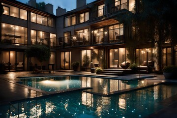 Raindrops creating ripples on a townhouse swimming pool, juxtaposed with the cozy and inviting ambiance of the townhome's interior lights