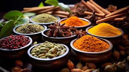 Vibrant close up of colorful spices and herbs with dynamic lighting and textures.