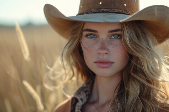 An attractive woman wearing cowgirl clothing