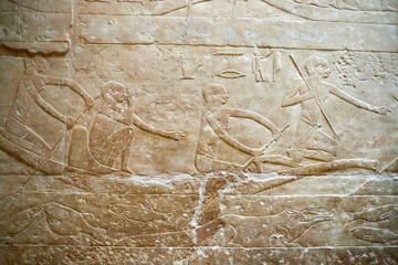 A boat scene with four men leading rowing in the Nile over a crocodile and fish, mastaba of Idut, Saqqara, Egypt
