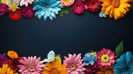scattered spring flowers on dark color background, top view with copy space