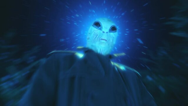 Mysterious alien standing under flashing ufo light and looking at camera in the forest on a snowy night. View from below