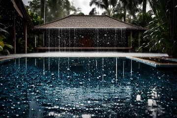 Rainfall over a bungalow with swimming pool, capturing the poetic dance of raindrops creating mesmerizing patterns on the pool's surface.