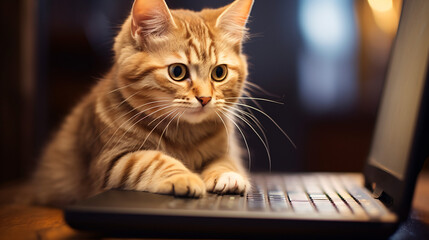 Cute domestic cat and a open laptop