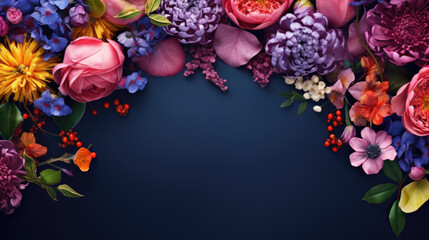 scattered spring flowers on dark blue color background, top view with copy space