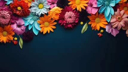 Fototapete spring flowers on dark blue color with copy space © vrozhko
