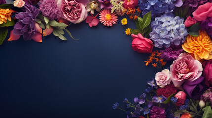 spring flowers on dark blue color with copy space