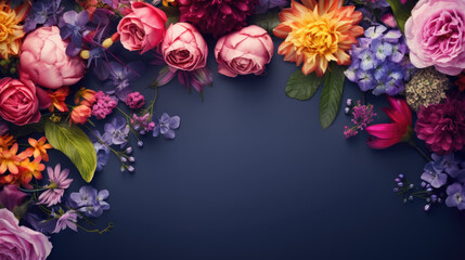 spring flowers on dark blue color with copy space