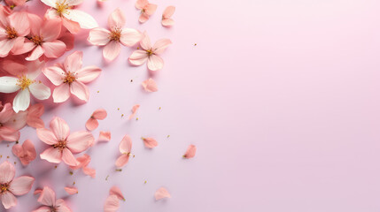 spring flowers on pink color with copy space