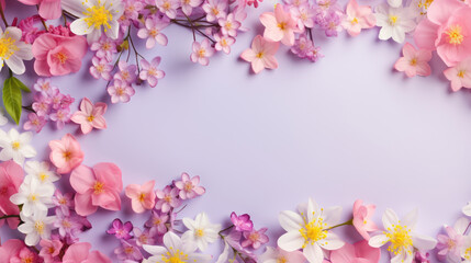 spring flowers pattern on purple pastel color  background with copy space