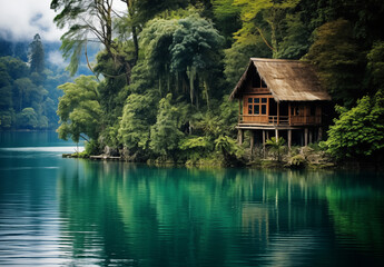 Obraz premium Bungalow am Strand in Asien am Ozean, Unterkunft im Paradies, Traumhafte Hütte am indischen Ozean