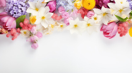Obraz na płótnie Canvas spring flowers pattern on white pastel color background with copy space