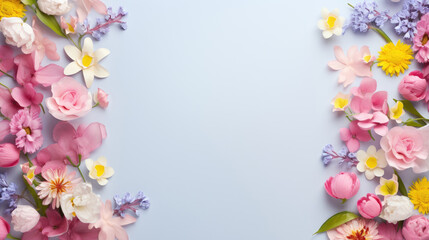 Fototapeta na wymiar spring flowers pattern on blue pastel color background with copy space
