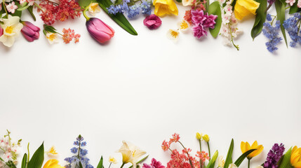 spring flowers pattern on white pastel color  background with copy space