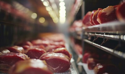 A close up of meat on a shelf in a meat freezer. Generative AI.