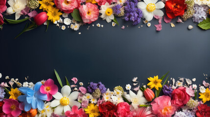 spring flowers frame on dark black background top view