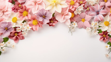 spring flowers frame on a pastel pink background top view