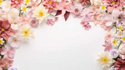 Fototapeta na wymiar spring flowers frame on a pastel white background top view