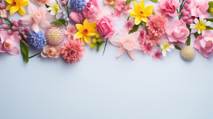 spring flowers on a blue background, top view with copy space