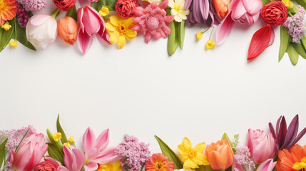 spring flowers frame on a pastel white background top view