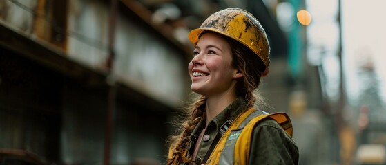 A woman in a hard hat smiling. Generative AI. - obrazy, fototapety, plakaty