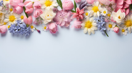 spring flowers on a blue background, top view with copy space