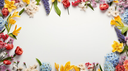 Fototapeta na wymiar spring flowers on white background top view with copy space.
