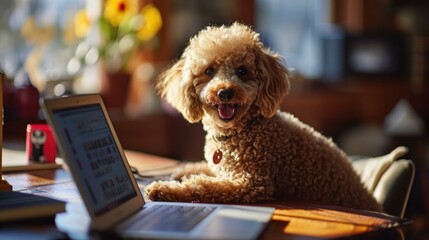 A dog sitting at a desk with a laptop. Generative AI.