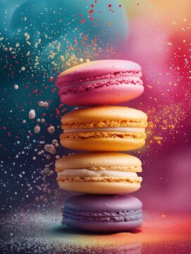 Colorful macarons on top of each other,  vibrant colorful background