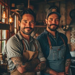 Obraz premium Two bearded men in aprons standing in a kitchen. Generative AI.