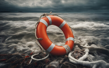 Lifebuoy floating on a polluted sea, with lots of plastic waste, defocused background