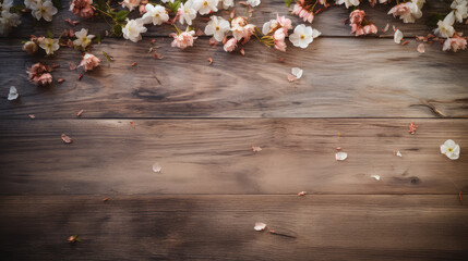 spring flowers and scattered petals with copy space on rustic old wooden table, top view - obrazy, fototapety, plakaty