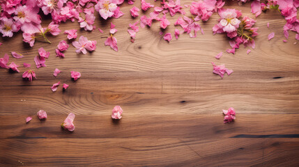 Obraz na płótnie Canvas flowers and scattered petals on old rustic wooden table texture, top view copy space