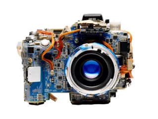 a colorful camera with a large lens