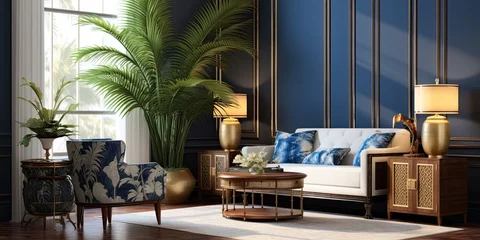 Poster British colonial living room with a interior, featuring a modern classic armchair, antique sino-portuguese cabinet, luxury marble side table, areca palm, and golden lamp. The wall is cobalt blue and © Sona