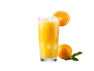 a glass of orange juice with a slice of orange on top