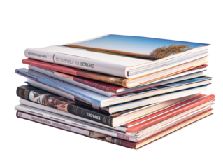 a stack of magazines on a white background