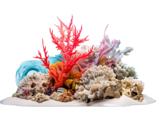 a colorful coral reef with blue smoke