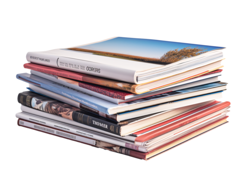 a stack of magazines on a white background