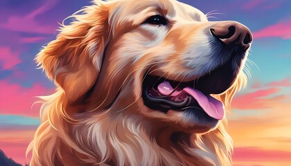close portrait illustration of golden retriever dog background wallpaper, smiling, vaporwave, digital painting, artstation, concept art, colorful background , vibrant colors.