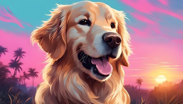 close portrait illustration of golden retriever dog background wallpaper, smiling, vaporwave, digital painting, artstation, concept art, colorful background , vibrant colors.