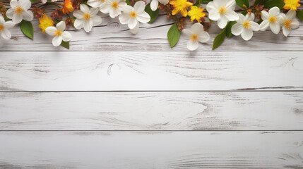 Obraz premium spring flowers on rustic white wooden table texture top view with copy space