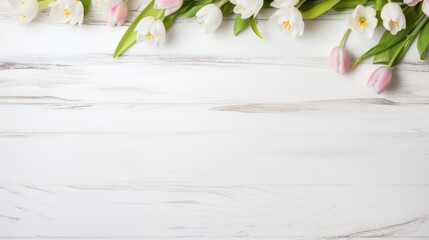 spring flowers tulips on rustic white wooden table texture top view with copy space - Powered by Adobe