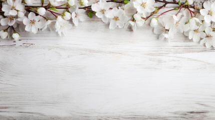 spring flowers on rustic white wooden table texture top view with copy space