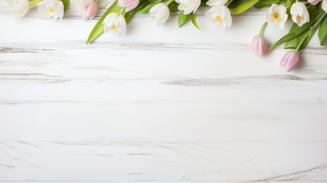 spring flowers tulips on rustic white wooden table texture top view with copy space