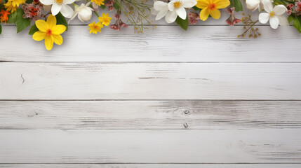 spring flowers on rustic white wooden table texture, top view with copy space