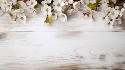 spring flowers and petals  on rustic white wooden table texture, top view with copy space