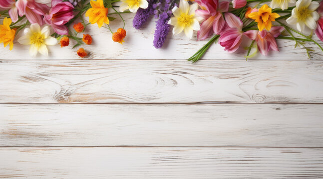 spring flowers and petals  on rustic white wooden table texture, top view with copy space