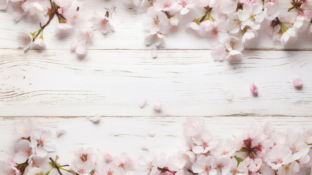 rustic white wooden table texture top view with flowers and scattered petals with copy space